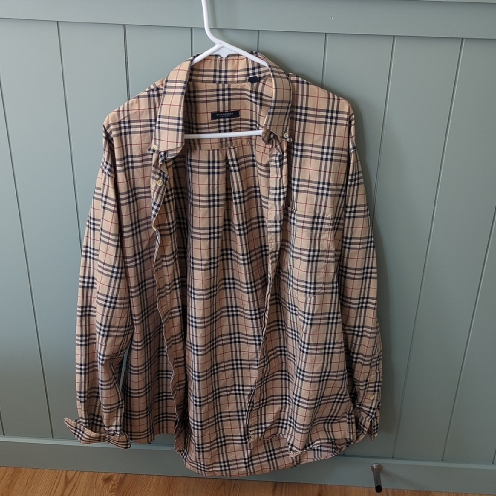 Burberry Tan, Navy and Red Plaid Button-Up Shirt